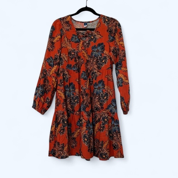 2/$30 Old Navy Tie-Neck Tiered Cotton Mini Floral Swing Dress Orange - Picture 2 of 15